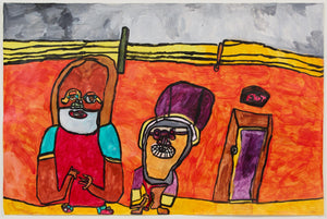Two abstract, cartoon-like figures stand in front of an orange wall with a purple door and a cloudy sky, each with exaggerated heads, hands, and eyeglasses, painted in bold colors.