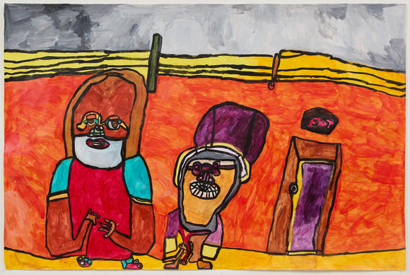 Two abstract, cartoon-like figures stand in front of an orange wall with a purple door and a cloudy sky, each with exaggerated heads, hands, and eyeglasses, painted in bold colors.