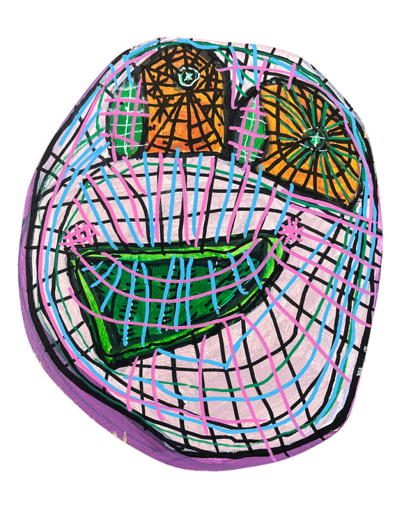 A mask-like face on a rounded form, with orange and green eyes, a wide green mouth, and bright blue and pink grid lines over a lavender background.