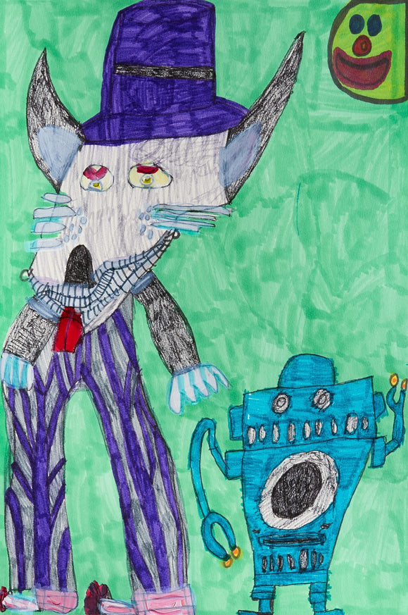 A whimsical drawing of a wolf in a purple top hat and striped pants standing beside a blue robot on a green background, with a smiling clown face in the corner.