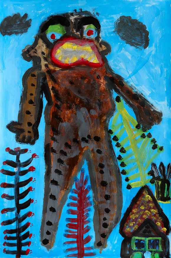 A towering, spotted Bigfoot figure with a wide yellow mouth stands among colorful, stylized trees and a small house on a bright blue background.