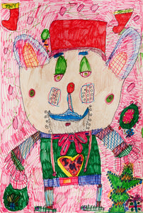 A friendly bear with a red hat and festive outfit, surrounded by Christmas decorations against a pink background, rendered in colored pencil and marker.