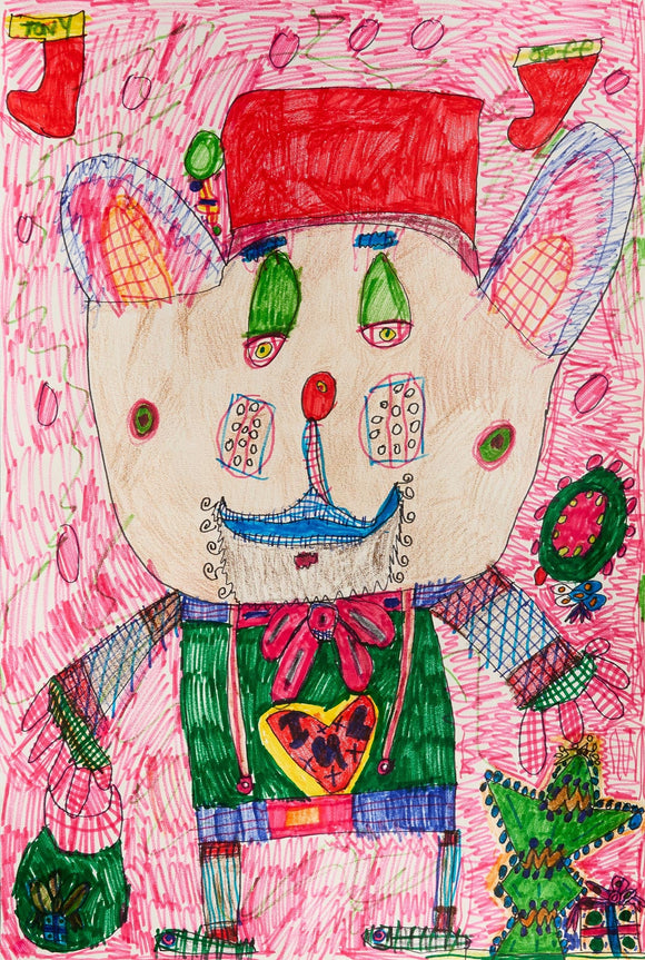 A friendly bear with a red hat and festive outfit, surrounded by Christmas decorations against a pink background, rendered in colored pencil and marker.