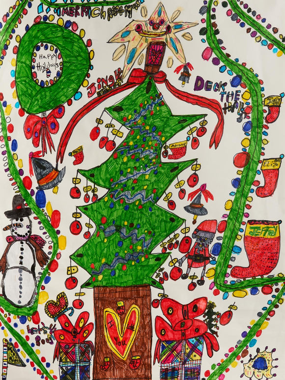 A playful Christmas scene featuring a decorated tree, snowman, and gifts surrounded by festive patterns, hand-drawn in colored marker.