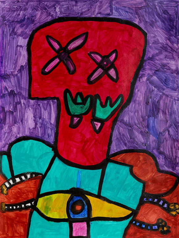 A figure with a bright red skull-like face, crossed X’s for eyes, and teal blue body with yellow belt, set against a purple background and colorful abstract shapes.