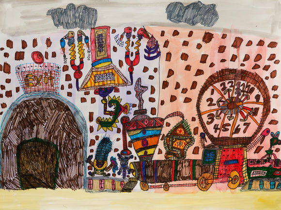 A detailed marker drawing of a carnival scene, including a roller coaster, ferris wheel, exit sign, and whimsical rides, filled with bright patterns and textures.
