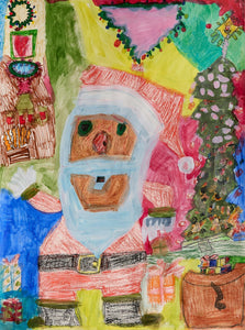 Stylized Santa Claus against a busy, Christmas-themed background with a bold patchwork of colors.