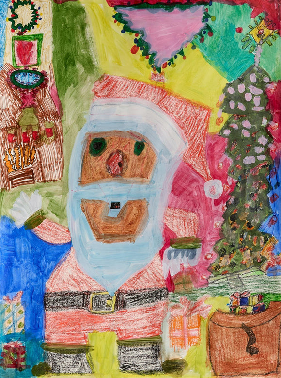 Stylized Santa Claus against a busy, Christmas-themed background with a bold patchwork of colors.