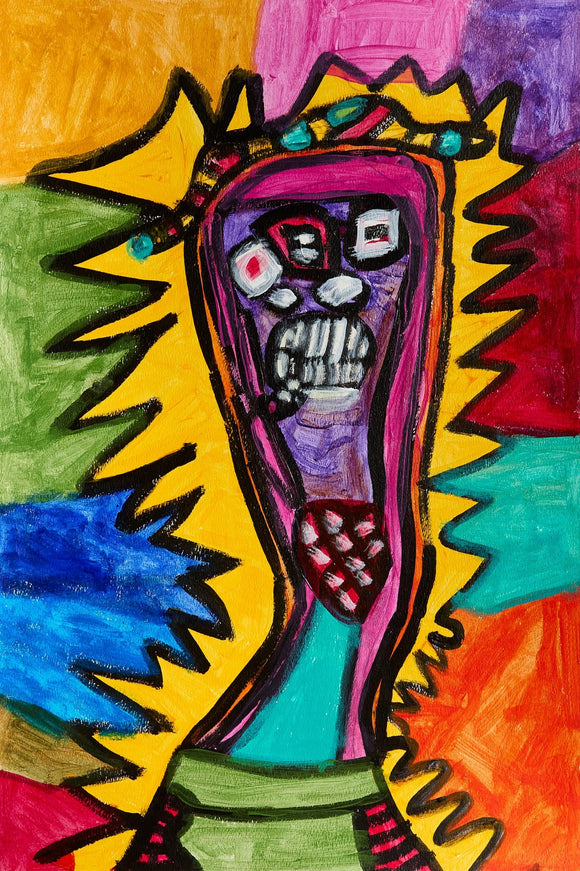  Bold abstract figure with jagged yellow aura and intense facial features on its purple head, surrounded by blocks of saturated colors.