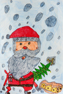 Santa-like figure with gray beard and red suit as clumps of snow fall in the grey background. He is holding a green Christmas tree next to a gold sled.