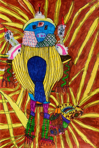 Futuristic robot with a yellow-striped body and blue face against orange and yellow rays that fill the earthy brown background.