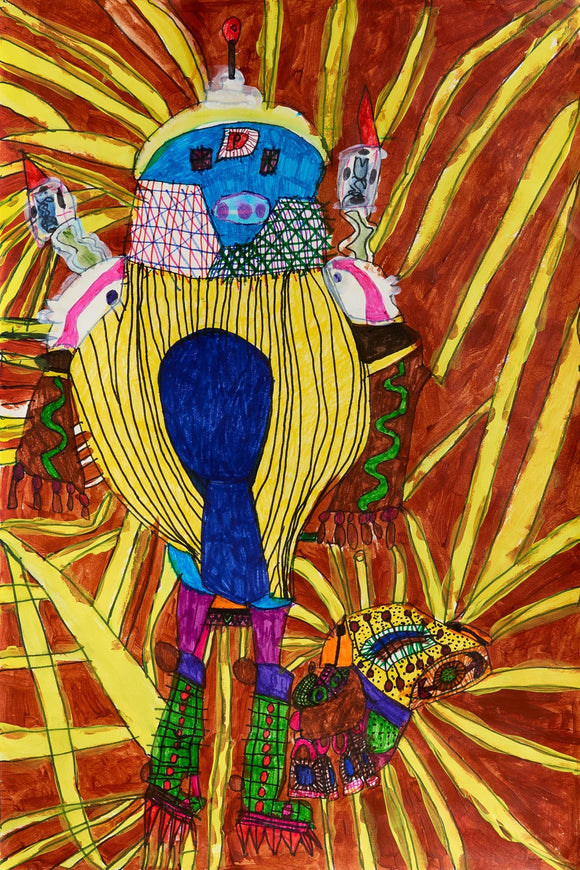 Futuristic robot with a yellow-striped body and blue face against orange and yellow rays that fill the earthy brown background.