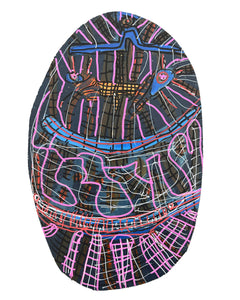 A dark oval face, animated by bright pink, blue, and white grid lines, a wide smile, and layered patterns resembling neon lights.