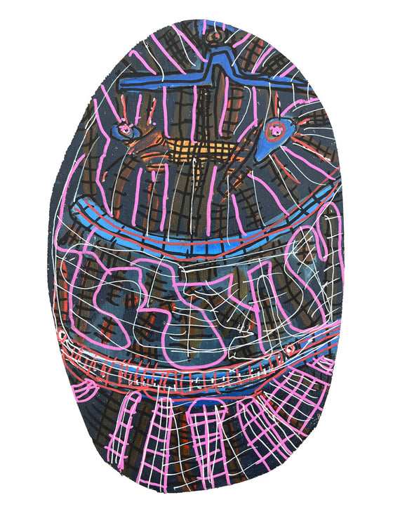 A dark oval face, animated by bright pink, blue, and white grid lines, a wide smile, and layered patterns resembling neon lights.