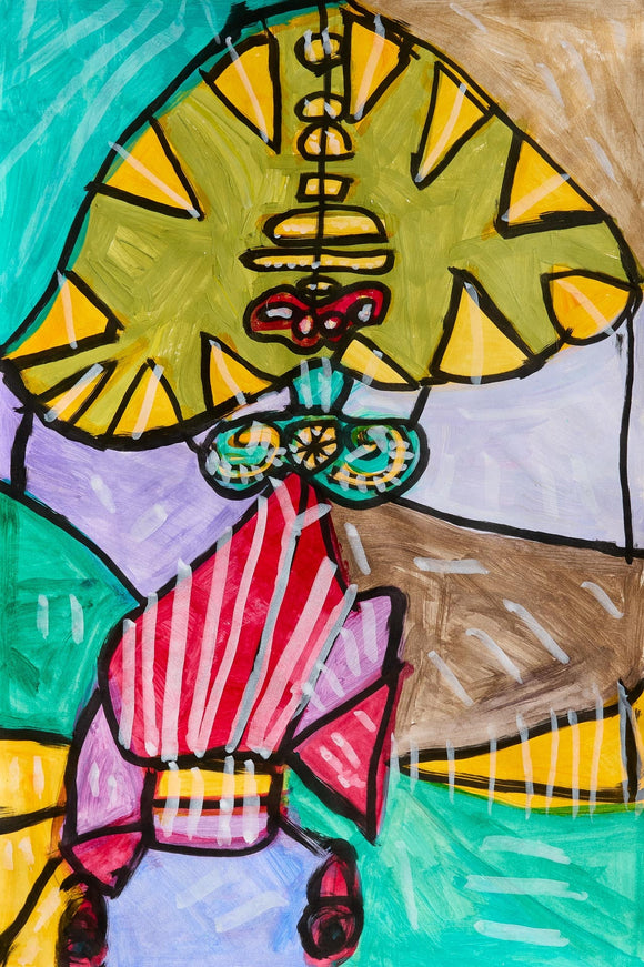 Abstract figure with geometric green and yellow head, red mouth, in striped clothing on a patchwork background of lavender, turquoise, and yellow shapes.