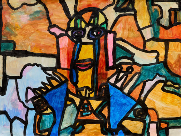 Abstract composition with a blue and orange central figure, thick black outlines, and geometric shapes filling the light orange and blue background.