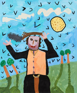 A figure in a pale orange shirt and black coat stands holding a large saw above their head under a blue sky. There are four trees in the background on a green hill beneath a yellow sun or moon in the top right corner.