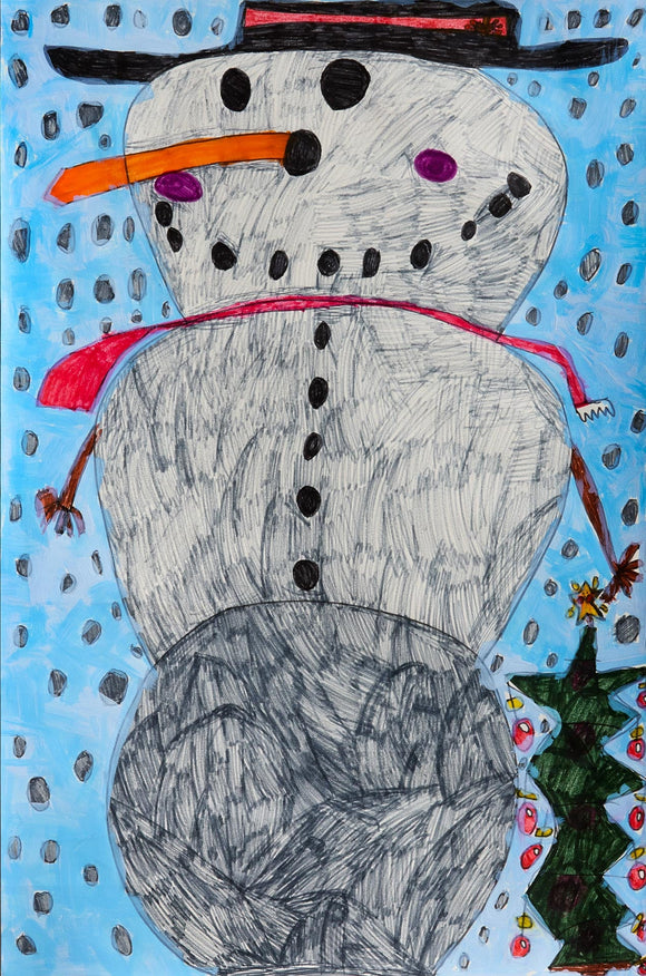 Large snowman with a red scarf, orange carrot nose, and a black hat stands next to a decorated Christmas tree in the snow. The background is light blue but almost entirely filled by the snowman’s figure.
