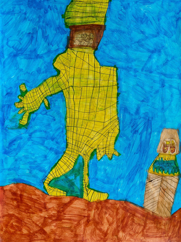 Tall yellow figure with grid lines and a brown face, walking on a red ground with a small abstract figure nearby. They stand beneath a vividly blue textured sky.