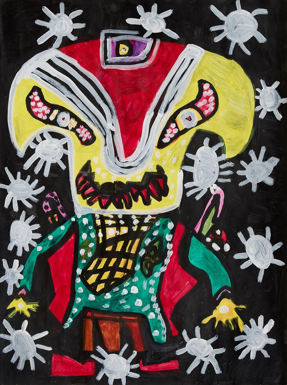 Bold, imaginative figure with a yellow and red mask-like face, green suit, sharp teeth, on a black background filled with white, sun-like shapes.