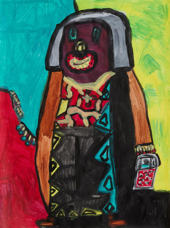 Short, stylized figure with a dark face, red and teal patterned clothing, and gray hair, holding a stick and bucket against a colorful background.