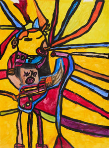 Abstract yellow figure outlined in black with orange, blue, and red accents, on a yellow background with radiating lines.