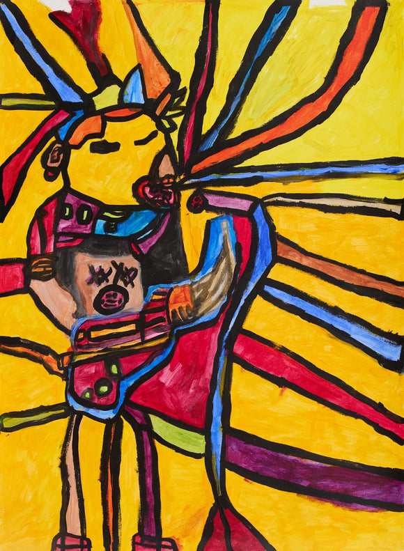 Abstract yellow figure outlined in black with orange, blue, and red accents, on a yellow background with radiating lines.