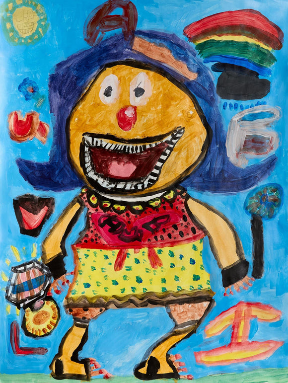 Cheerful smiling character with a yellow face, big mouth, and blue hair, standing beneath a rainbow and shining sun in a bright blue sky.