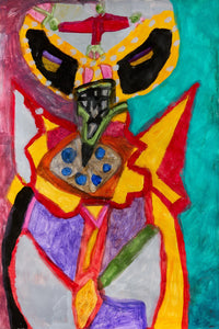 Abstract character with a yellow mask, sharp black eyes, and vivid geometric shapes on a turquoise background.