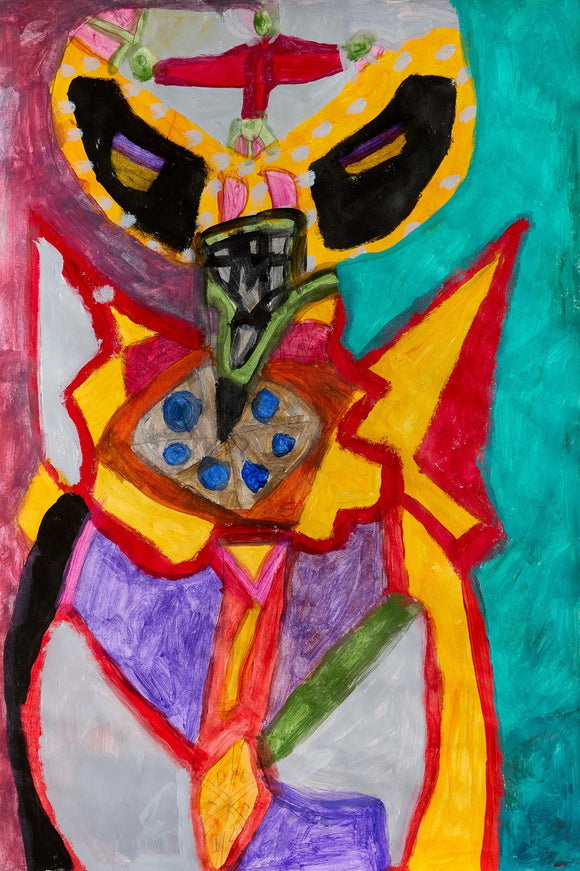 Abstract character with a yellow mask, sharp black eyes, and vivid geometric shapes on a turquoise background.