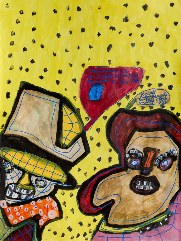 Two stylized faces with dramatic features and speech bubbles on a yellow background; one wears a large hat and orange scarf, while the other has brown hair and a pink gridded shirt.