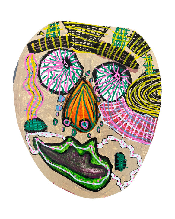 A mask-like face rendered with swirling patterns, bright green lips, striped eyes, and abstract, colorful markings throughout.