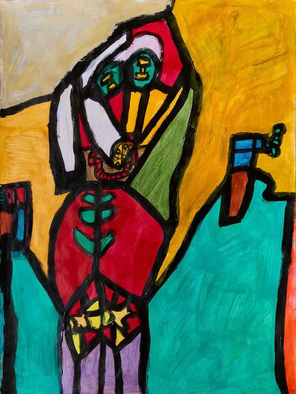 Abstract figure with red and green forms, yellow circles, bold black lines on teal and yellow fields of colors outlined in black.