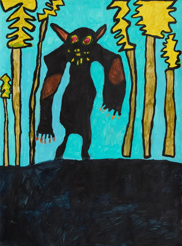 Large black creature with pointed ears and green eyes, arms outstretched, among yellow trees and a blue sky. Resembling a werewolf, he lurches forward on a black ground.