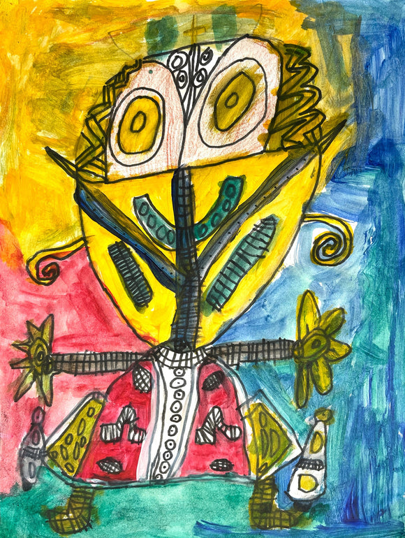 This expressive artwork depicts an abstract, humanoid figure with large, circular eyes and vibrant, patterned limbs, surrounded by bold blocks of color in yellow, red, and blue. The piece's intricate linework and vivid palette create a lively, almost folkloric atmosphere, blending elements of playfulness with surreal, symbolic imagery.