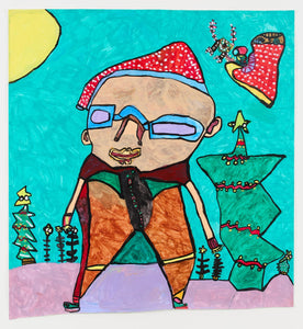 Figure in Santa hat and glasses in a purple snowy landscape with decorated Christmas trees and a giant stocking floating in the blue sky.