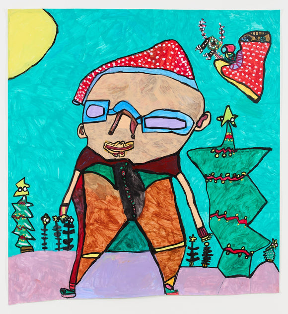 Figure in Santa hat and glasses in a purple snowy landscape with decorated Christmas trees and a giant stocking floating in the blue sky.