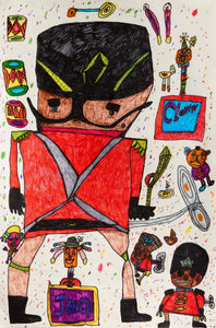 Toy soldier in black hat and red uniform, surrounded by toys, drums, clowns, and jack-in-the-boxes that float around the white background.