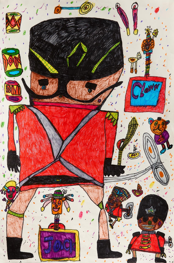 Toy soldier in black hat and red uniform, surrounded by toys, drums, clowns, and jack-in-the-boxes that float around the white background.