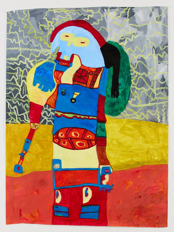 Abstract blue-faced figure with yellow eyes, in red and blue armor, stands on a yellow zigzag and red floor with a gray, swirling sky.