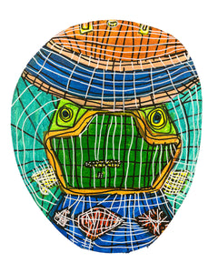 An oval-shaped painting featuring a green, mask-like face with large yellow eyes, outlined by a blue and orange helmet structure.