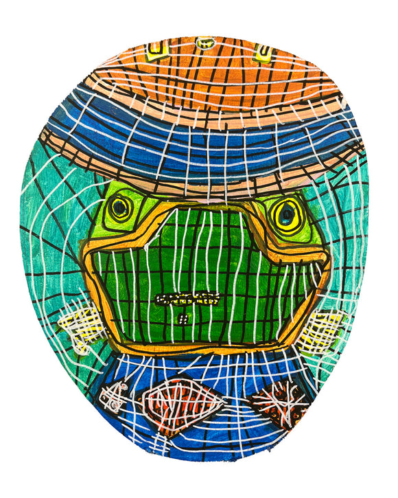 An oval-shaped painting featuring a green, mask-like face with large yellow eyes, outlined by a blue and orange helmet structure.