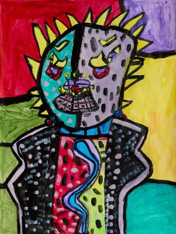 A figure with a half teal, half lavender face and spikey yellow hair stands with a guitar-shaped body against a patchwork background of saturated colors.