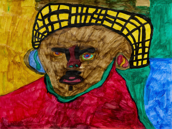 Abstract self-portrait with exaggerated features, a yellow and black hat, a red shirt and bold brushwork filling an abstract, patchwork background.