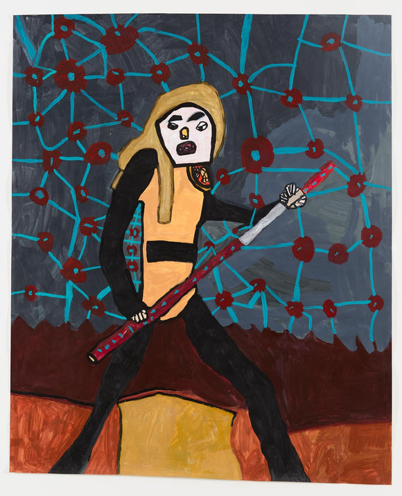  A humanoid figure with long blonde hair stands with their legs apart in black and tan clothing as he unsheathes a silver sword with a red handle. The background depicts an abstract field of grey filled with intersecting blue lines and earthy red circles above a brown ground.