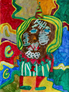 Festive character with a brown face, blond and green hair,  blue eyes, and red mouth with sharp pink teeth. He wears a striped shirt with a pointed red collar. He stands against a radiating patchwork background of saturated reds, greens, blues, and orange.