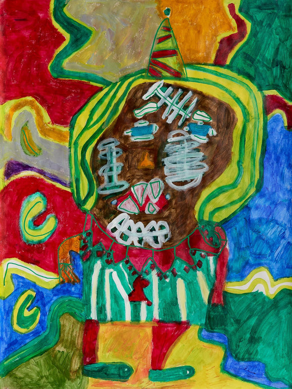 Festive character with a brown face, blond and green hair,  blue eyes, and red mouth with sharp pink teeth. He wears a striped shirt with a pointed red collar. He stands against a radiating patchwork background of saturated reds, greens, blues, and orange.