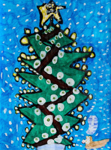 A tall, jagged-edged, green Christmas tree fills the composition. It is decorated with white and yellow lights and topped with a large yellow star. It stands against a blue background filled with speckled white snow.