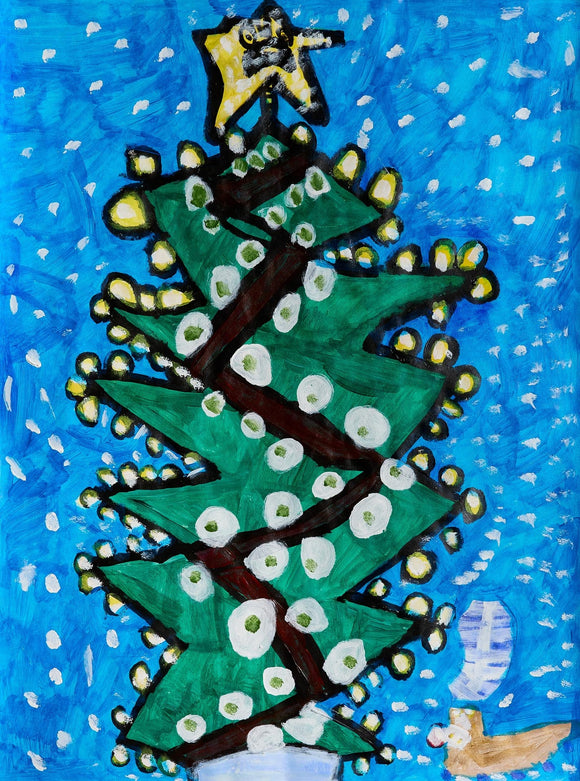 A tall, jagged-edged, green Christmas tree fills the composition. It is decorated with white and yellow lights and topped with a large yellow star. It stands against a blue background filled with speckled white snow.
