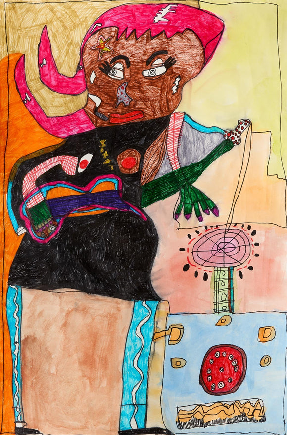 Stylized figure with wild red hair and a black studded jacket, she has a yellow star on the left side of her forehead and large white eyes with big black eyelashes. She holds a stylized orange, pink, and green guitar as she appears to performing a song on stage against a muted background of patchwork colors.